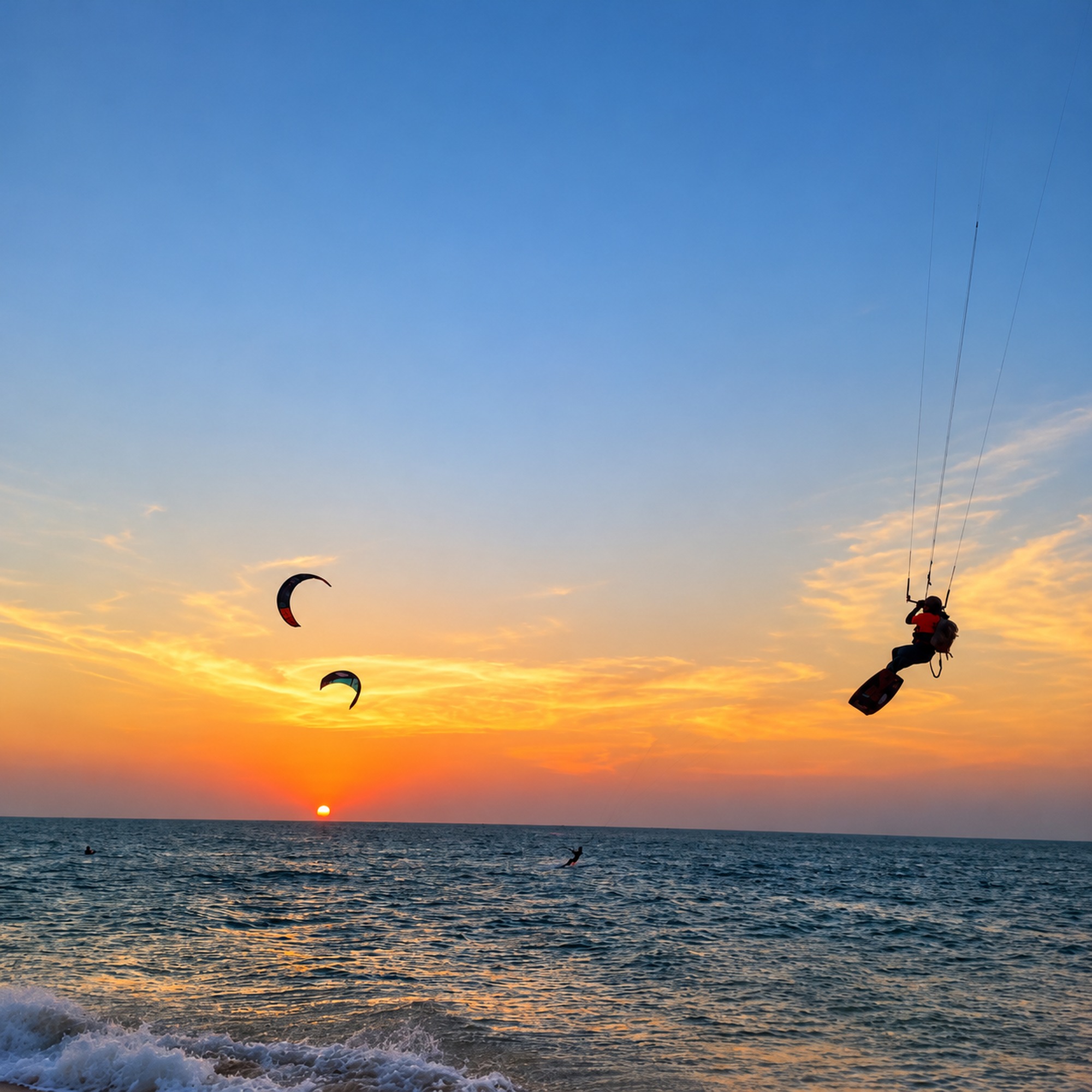 Kitesurfista no ar ao pôr do sol