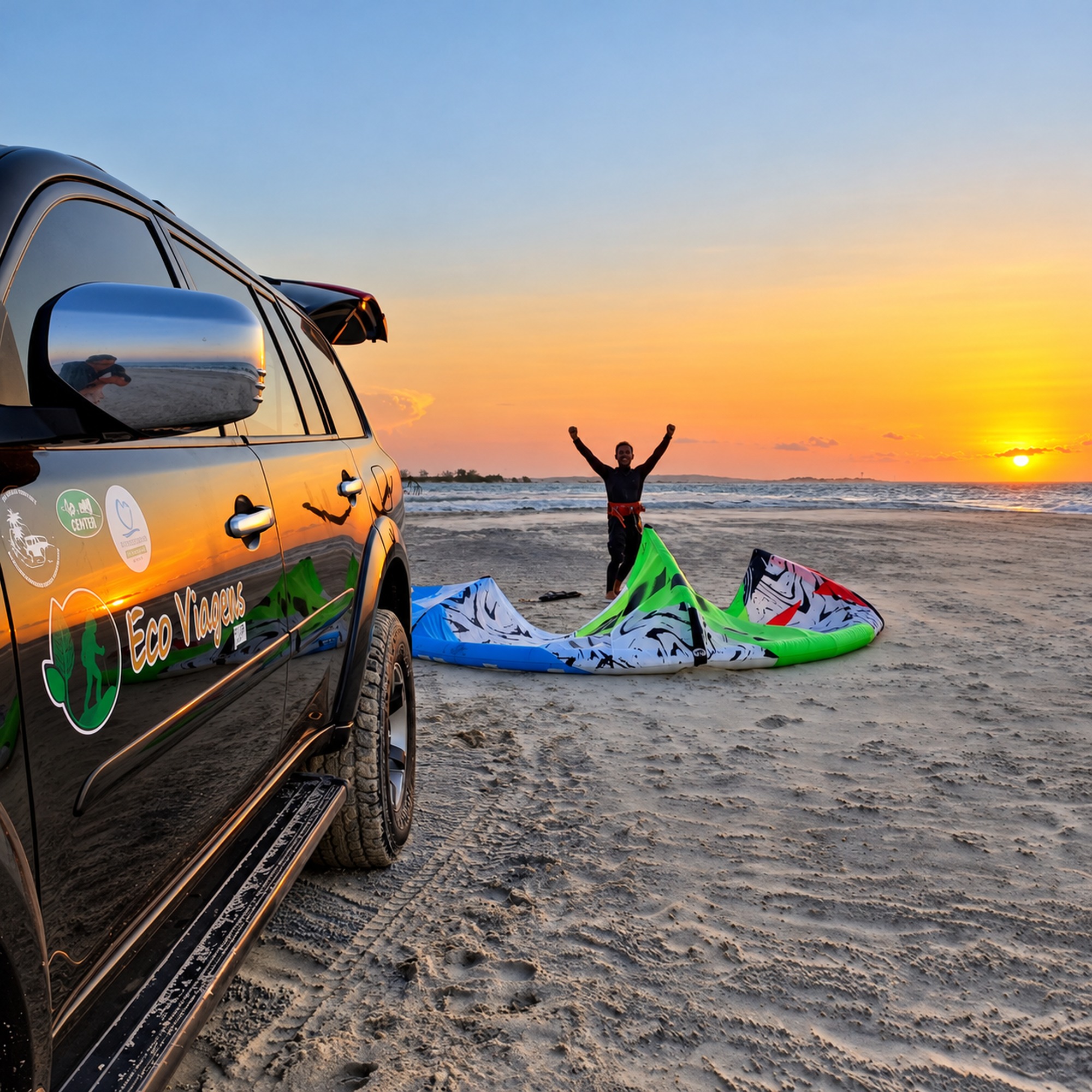 Veículo Eco Viagens e equipamento de kite na praia