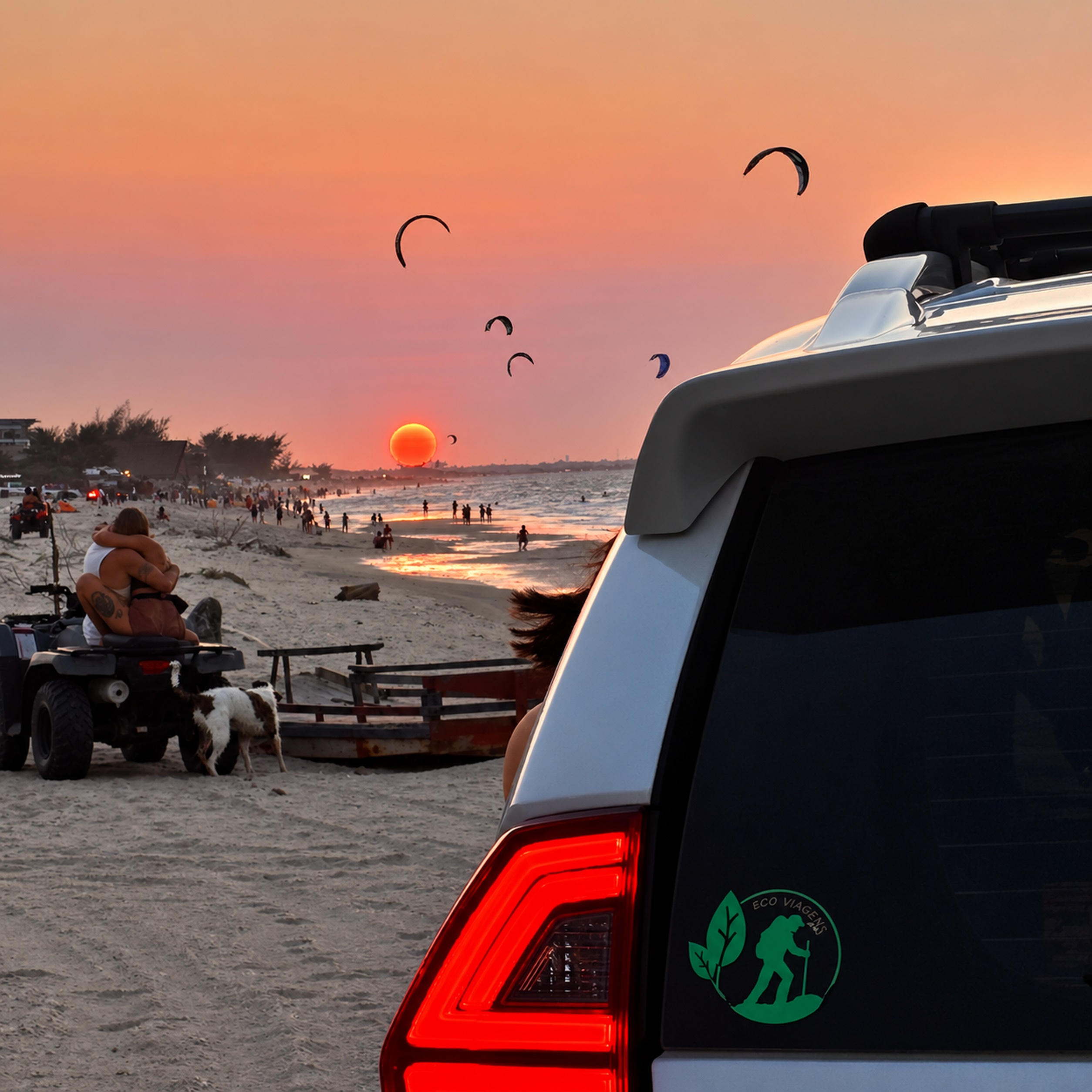 Pôr do sol na praia com kites e veículo Eco Viagens
